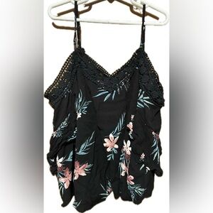 Aeropostale Women’s XS Black Floral Tank Top with Lace Detail - NWOT